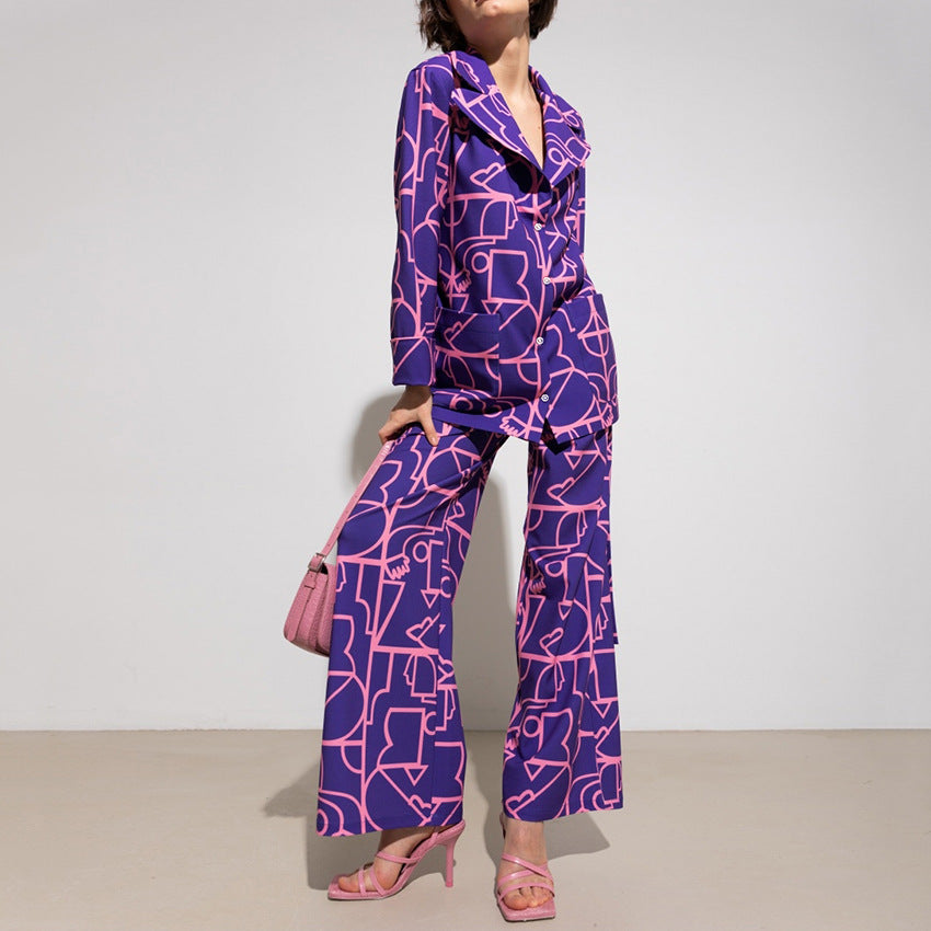 Printed Purple Printed Collared Pajama Pants Autumn Winter Pajamas Women Loose Comfortable Homewear