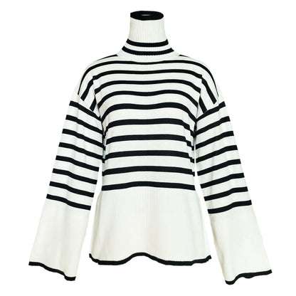 Autumn Winter Women Clothing Turtleneck Knitting Striped Slit Sweater Top