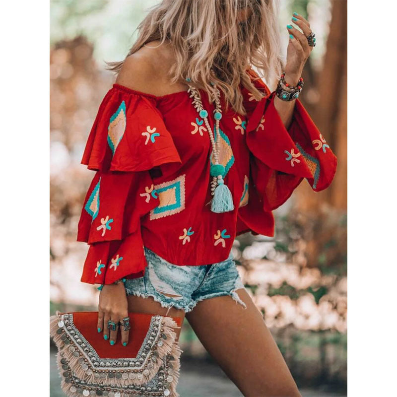 Women  Clothing Bohemian Long Sleeved Shirt Women Autumn Red Casual Women Top