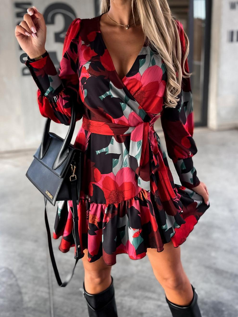 Long Sleeve Printed Waist Controlled Lace Up Shirt Dress Women  Clothing