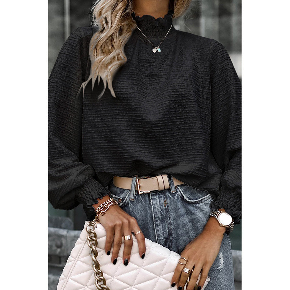 Women Pleated Neck Texture Long Sleeved Top Loose All Matching Simple Bottoming Shirt