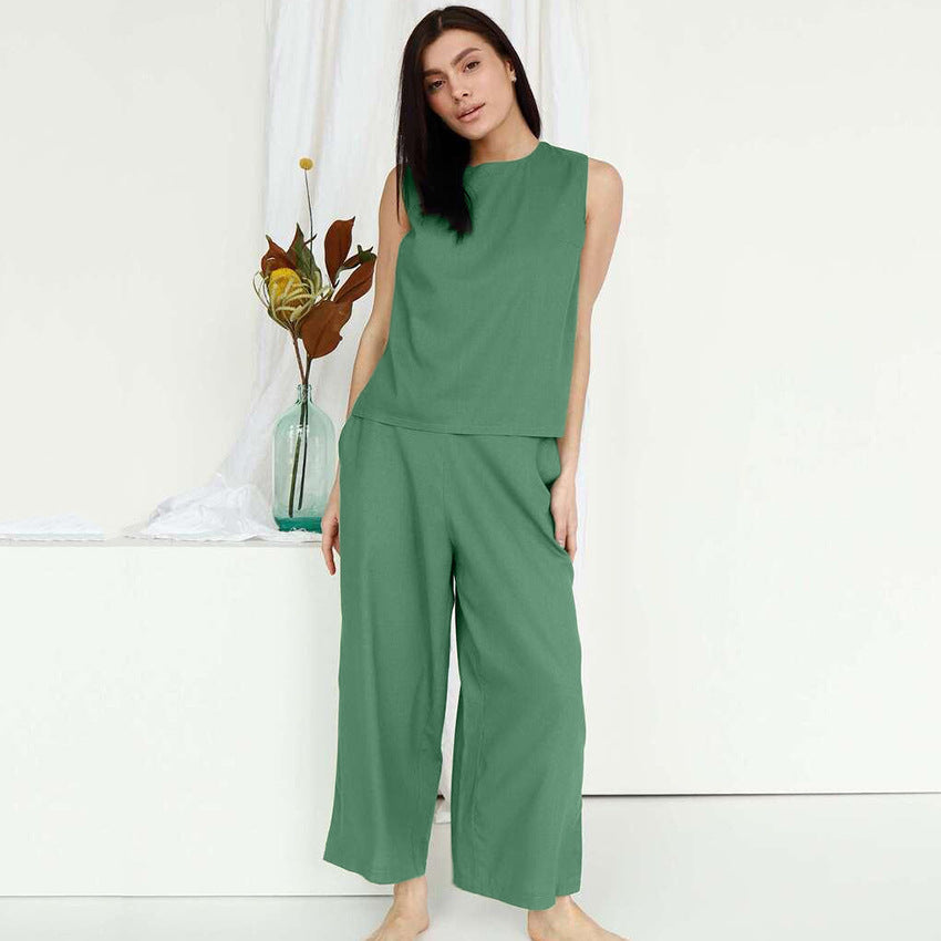 Comfortable Loose Cotton Linen Vest Trousers Pajamas Set Autumn Winter Ladies Homewear