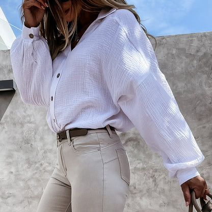 Polo Collar V neck Pleated Cuff Women Shirt Solid Color Women Clothing