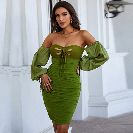 Spring Women Clothing Bandage Dress Green Sexy Hollow Out Cutout Word Collar Puff Sleeve Dress