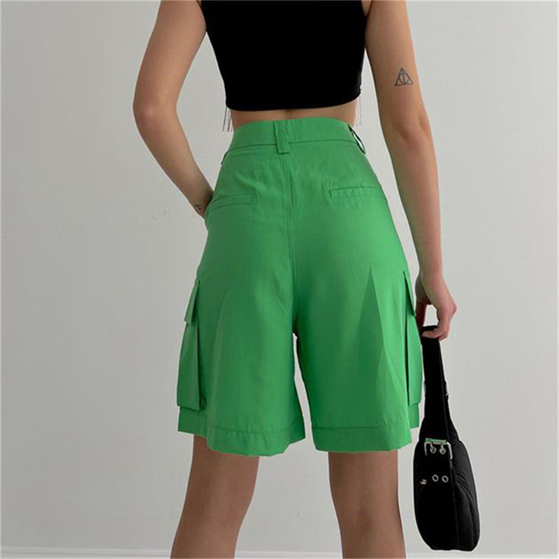 Women Summer Bellows Pocket Shorts Women Straight Loose Casual A  line Shorts