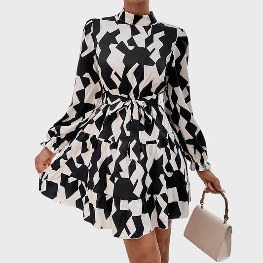 Autumn Sexy Shirt Geometric Abstract Print Long Sleeve Slim Dress