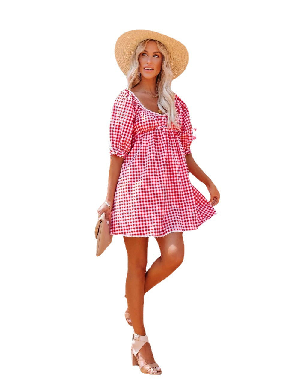 Women Clothing Summer New Sweet Plaid V-neck Stitched Backless Waist Babydoll Dress