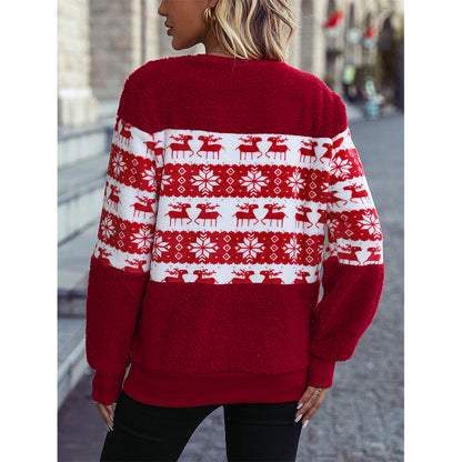 Autumn Winter Women round Neck Long Sleeve Pullover Loose Christmas Plush Casual Sweatshirt