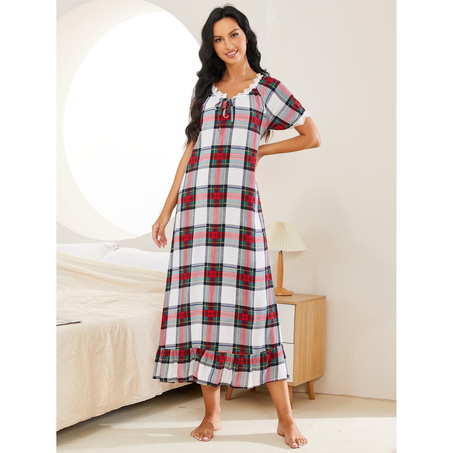 Spring Autumn Plaid Short-Sleeved Nightdress Women  Wear outside One Piece Homewear Clothing Night Dress