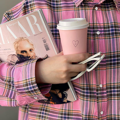 Retro Classic Plaid Shirt Pink Plaid Top   Collared Loose Shirt