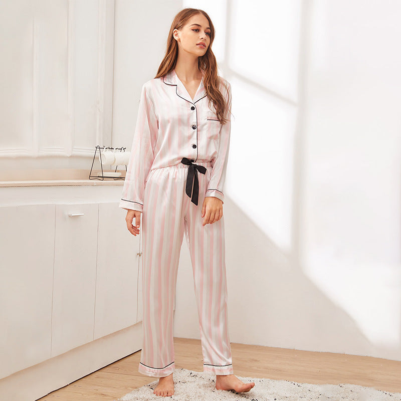 Spring Simple Ice Silk Pajamas Two Piece Set Long Sleeve Trousers Set Casual Thin Women  Artificial Silk Homewear