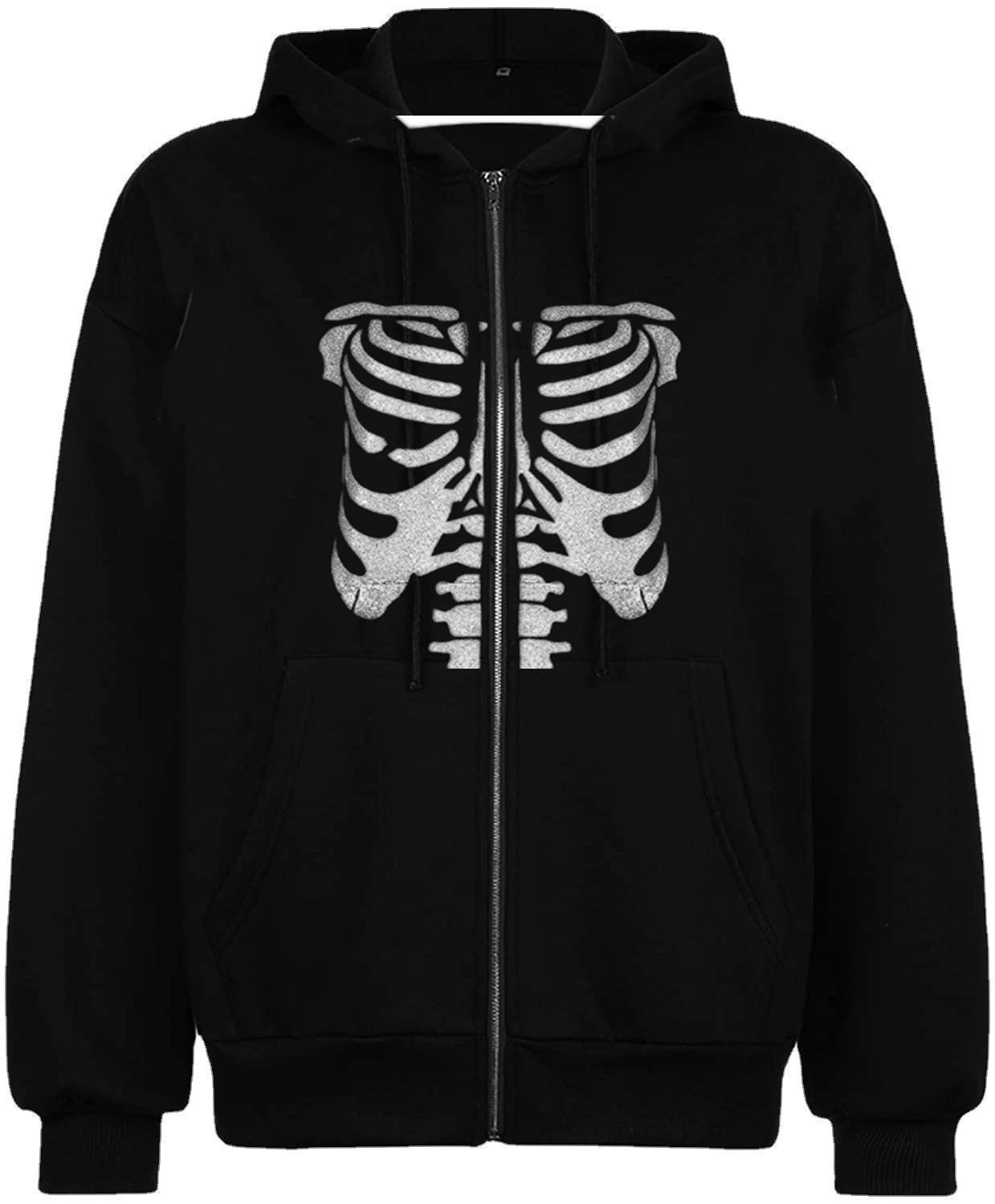 Spring Autumn Casual Hoodie Halloween Skull Print Pullover Double Hooded Top Women