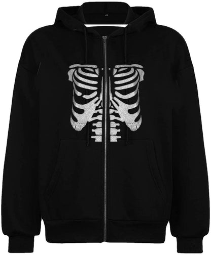 Spring Autumn Casual Hoodie Halloween Skull Print Pullover Double Hooded Top Women