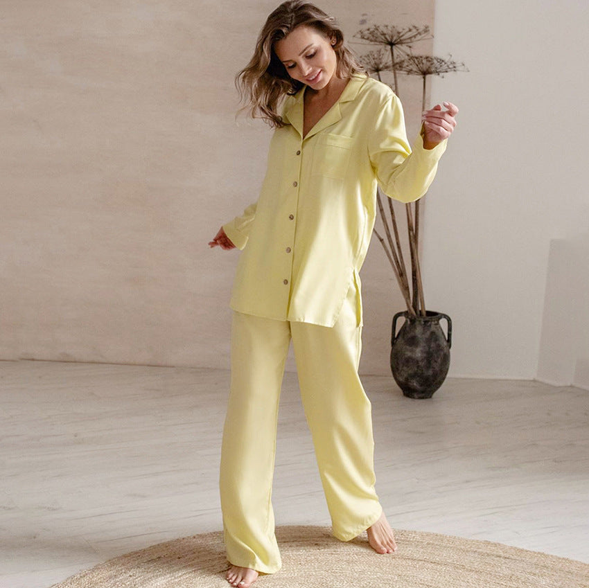 French Yellow Artificial Silk Long Sleeve Trousers Simple Solid Color Home Wear Women Pajamas