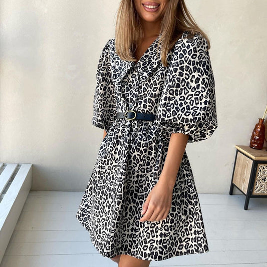 Women Clothing Peter Pan Collar Leopard Print Fashionable Elegant Spring Dress Half Sleeve A  line Dress