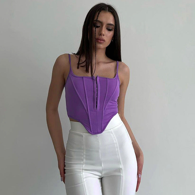 Women Clothing Summer Sleeveless Irregular Asymmetric Boning Corset Waist Tied Sexy Top Women