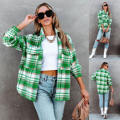 Women Autumn Winter Ladies Plaid Jacket Casual Loose Pockets Shirts