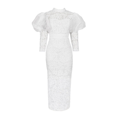 Neck Lace See-through Puff Sleeve Three-Quarter Sleeve Slim-Fit Party Dress Women Party Dress