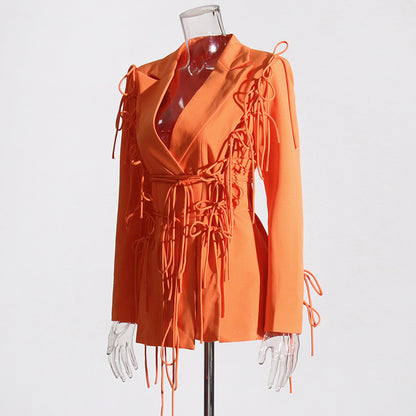 Fall Trendy Niche Design Stitching Drawstring Lace up Waist Controlled Slimming Blazer Women  Clothing