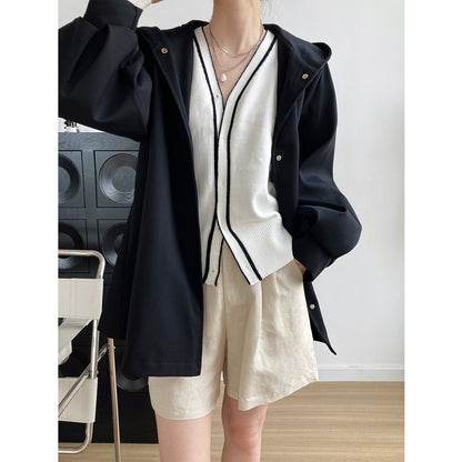 Korean Elegant  Hemline Type Waist-Controlled Lace-up Trench Coat Women Spring Autumn Profile Hooded Top