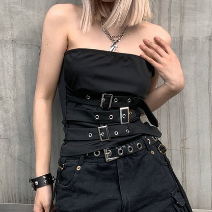 Punk Dark Corns Multiple Straps Metal Adjustment Buckle Tube Top Vest Sexy off the Shoulder Sexy Top