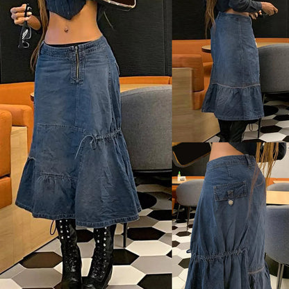 Women Clothing Denim Skirt Autumn Denim Retro Irregular Asymmetric Drawstring Denim Long Skirts