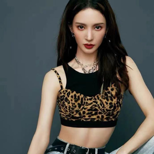 Summer Slim-Fit Sexy Leopard Print cropped Two-Piece Sling Vest Outer Wear Women