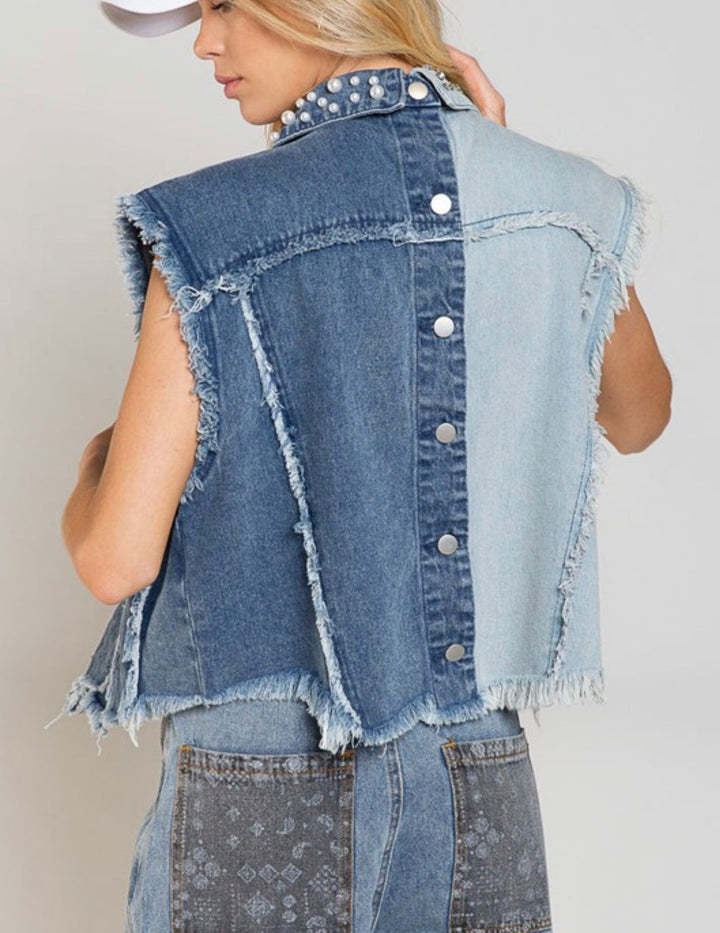 Denim Vest Splicing Beads Loose Women Short Denim Jacket