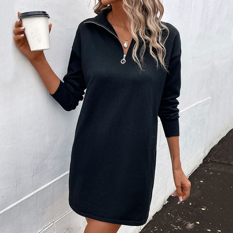 Women Wear Autumn Winter Long Sleeve Solid Color Collar Zipper Woolen Dress