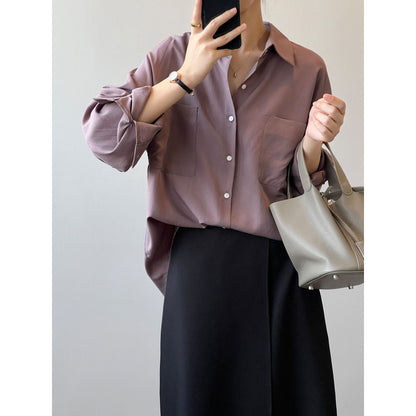 Tencel Shirt Women  Autumn Korean Long Sleeve Retro Design Loose Lapels Shirt