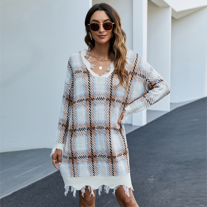 Women Clothing V Neck Long Casual Sweater Lazy Long Sleeve Pullover Sweater Plaid Base Knitting Dress No Belt