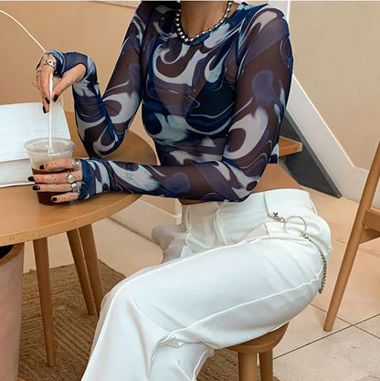 Autumn round Neck Pullover Print cropped Finger Fit Design Long Sleeve Casual Women Top