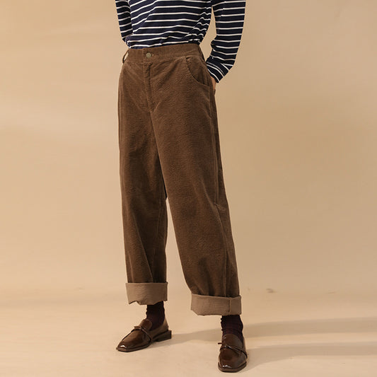 Autumn Winter Corduroy Casual Straight Trousers Simple Elastic Waist Loose Slimming   Wide Leg Pants for Women