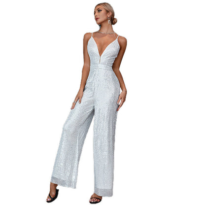 Sleeveless Backless Solid Color Sequ Slim Fit Suspenders Jumpsuit Trousers Suit