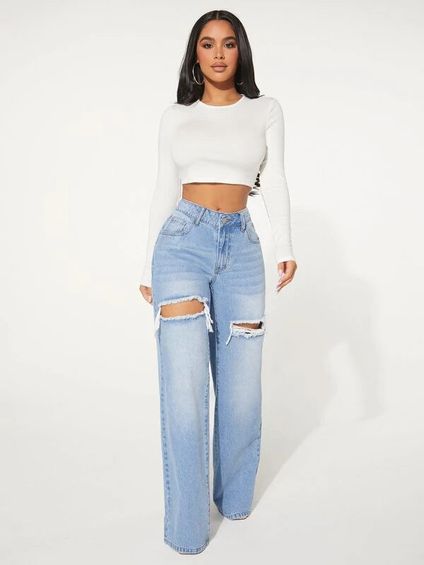 Jeans Women Ripped Washed High Waist Wide Leg Trousers Loose Jeans Pocket