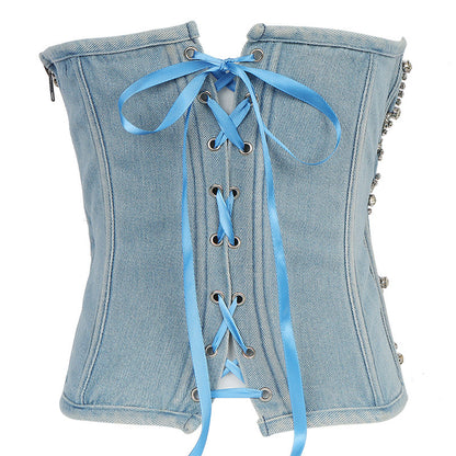 Diamond Beaded Denim Tube Top Strapless Vest Lace up Shaping Slim Fit Performance Wear Zipper Top Women