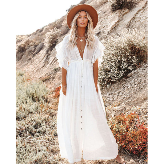 Beach Cover up Slubbed Fabric Button Draw Waist Strap Maxi Dress Sun Protection Shirt