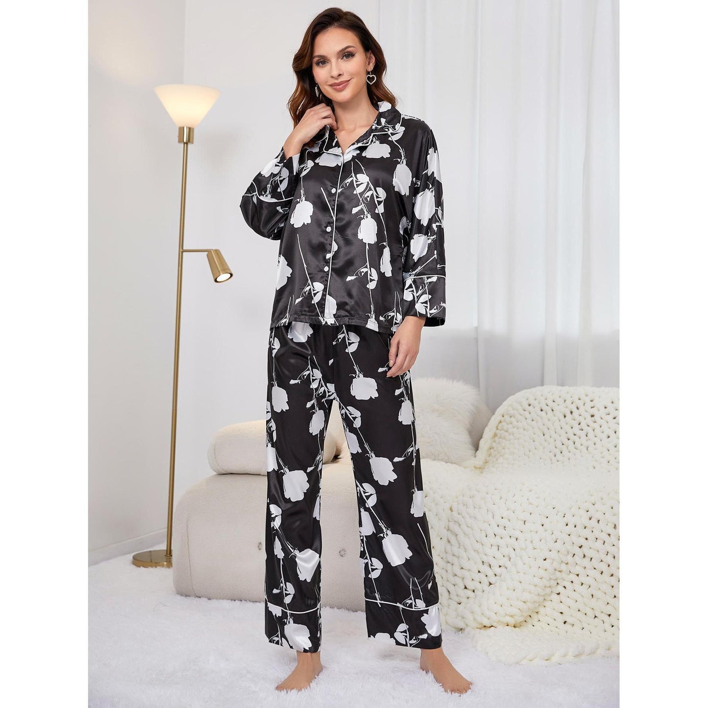 Women Spring Autumn Artificial Silk Plant Printed Long Sleeved Trousers Home Wear Suit