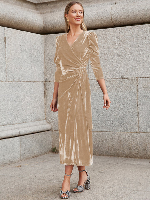 Women Clothing Summer Dress French Design Elegant Long Sleeve Evening Dress Gold Velvet Dress