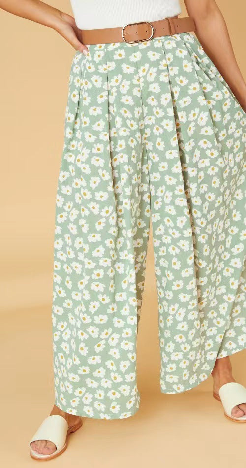 Spring Summer Office Green No Belt Loose Little Daisy Cotton Trousers Mid Waist Women Wide Leg Pants