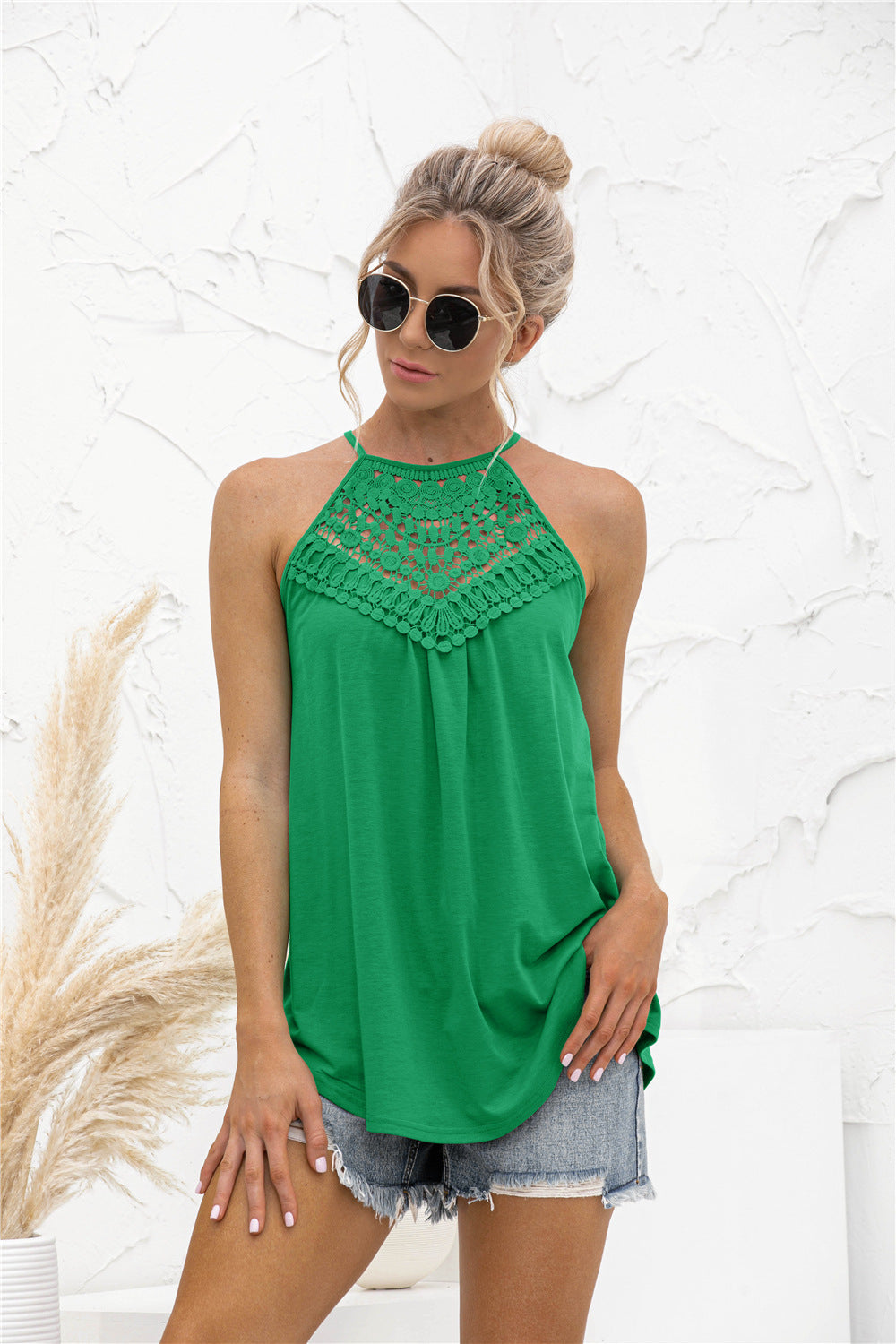 Spring Summer Lace Stitching Halter Top