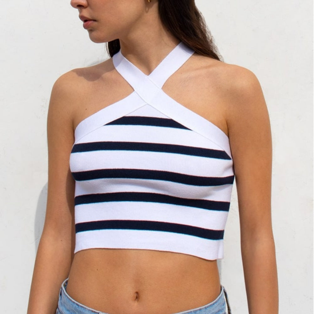 Summer Striped Cross-Halterneck Sexy Knitted Base Tube Top Outer Vest Women Clothing