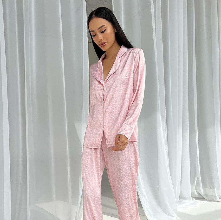 Fall Pink Printing Artificial Silk Loose Comfort Casual Breathable Ladies Homewear Daily Wear Pajamas