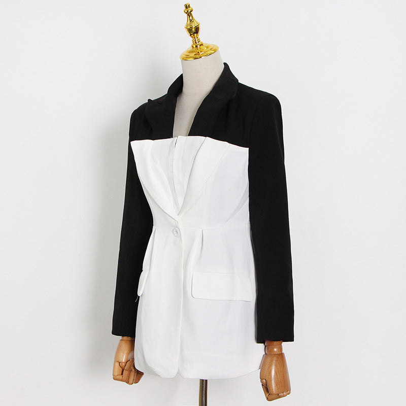 Black White Stitching Suit Spring Autumn Slim Fit One Button Personality Workplace Short Women Jacket