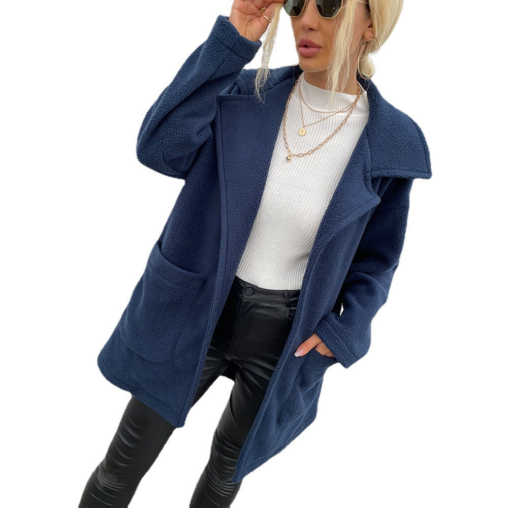 New Autumn Winter New  Women  Clothing Blazer Collar Solid Color Women  Long Plush Coat Top Women