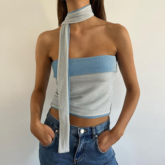 Summer Trends Women Off Shoulder Slim Fit Cropped Colorblock All Matching Vest