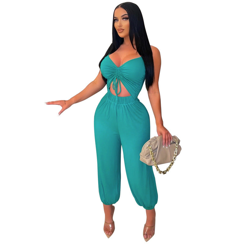 Women Clothing Popular Low-Cut Casual Pleating Sling Jumpsuit Bloomers Plus Size