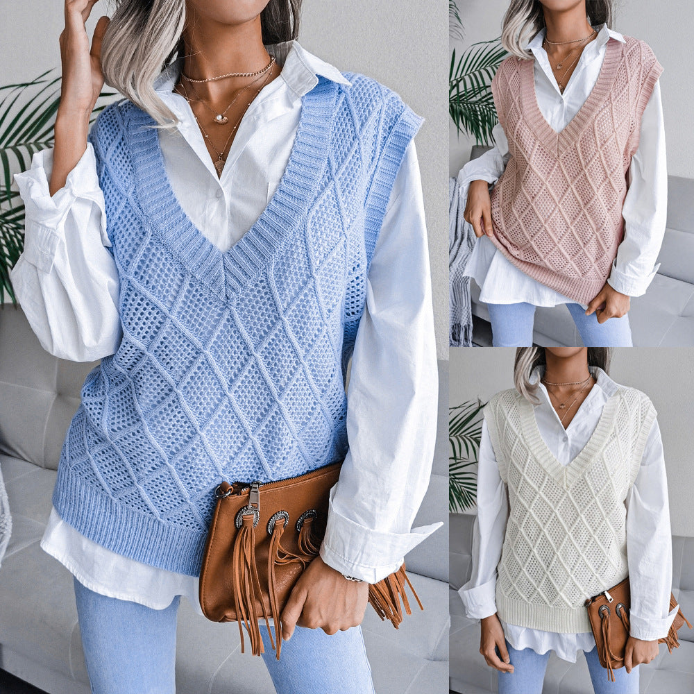 Real shot autumn winter v-neck rhombus Hollow Out Cutout casual knitted sweater vest women clothing