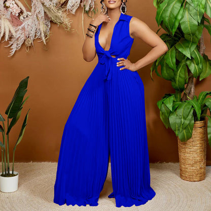 Women Clothing Summer V Neck Long Sleeve Collared Loose Pleated Wide Leg Jumpsuit