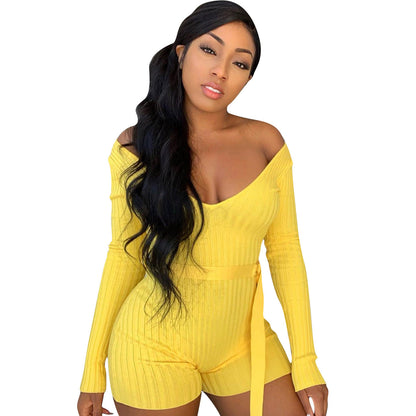 Women Clothing Homewear Bandage Solid Color Rib Fabric Cloth Women Clothing Romper